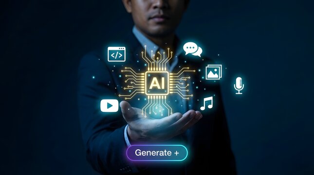 Businessman holding a glowing ai chip with various digital icons surrounding it in his hand.