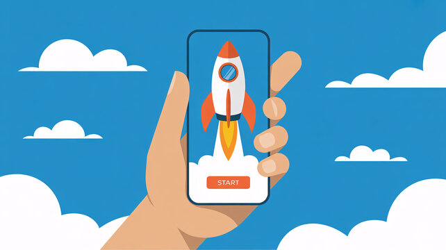 A hand holding a smartphone with a rocket launching from the screen into a cloudy blue sky