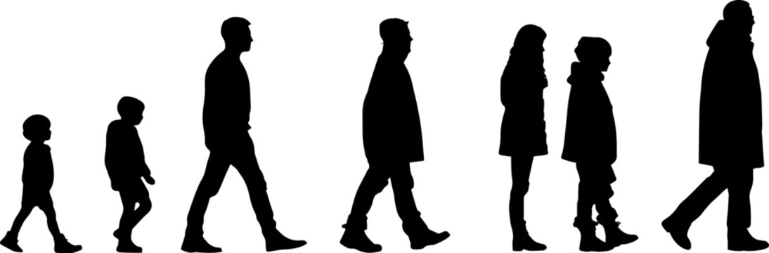 Diverse age groups walking, from child to adult and elderly
