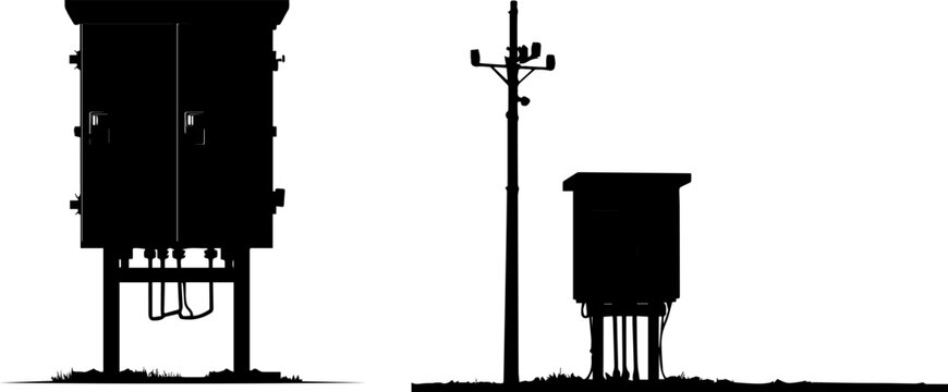 Silhouettes of electrical equipment and a utility pole against a white background
