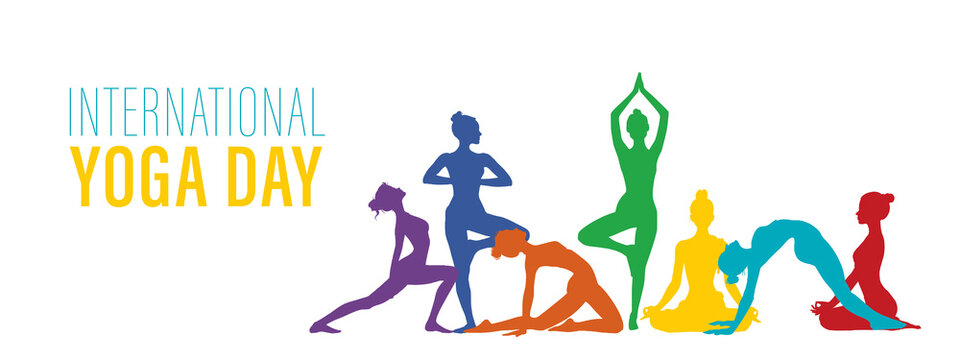 International Yoga Day vector Illustration with text, banner greeting card - Group of silhouette of women in different yoga posture, isolated on white background