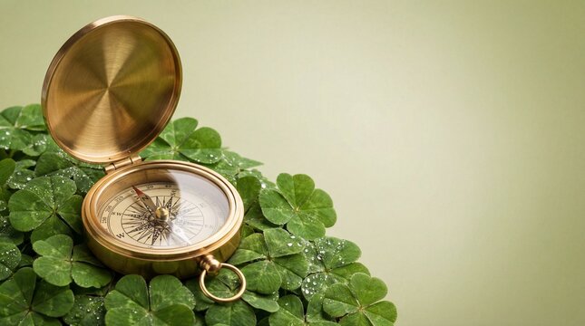 Antique brass compass resting on green clover leaves for luck and direction