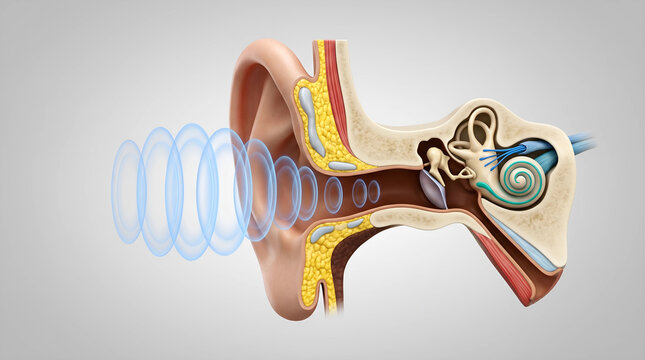 A comprehensive 3D illustration revealing the intricate human ear structure and the fascinating journey of sound waves within the auditory system