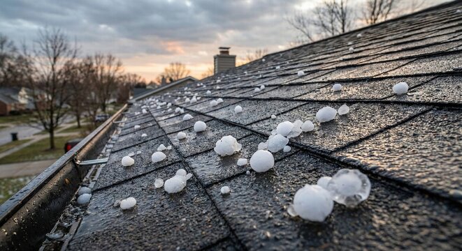 Hailstones on house roof after storm, severe weather damage concept, wet shingles and gutter with ice pellets