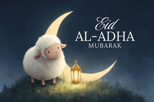 Eid al Adha mubarak illustration, Islamic background with white sheep and crescent moon