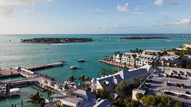 Cinematic drone shot of the Opal Key Resort and Marina, featuring luxury yachts and turquoise waters in historic Key West.