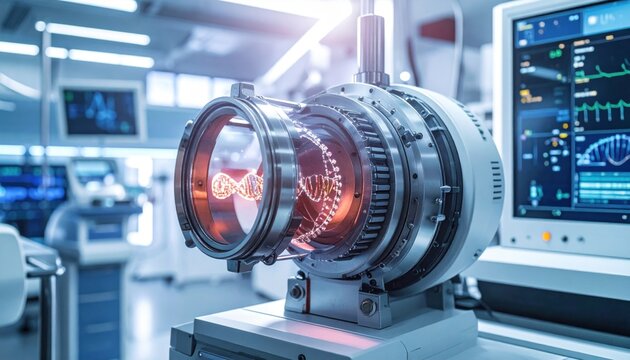 Advanced DNA sequencing machine in laboratory operation with illuminated genetic helix readouts, showcasing scientific research and innovation.