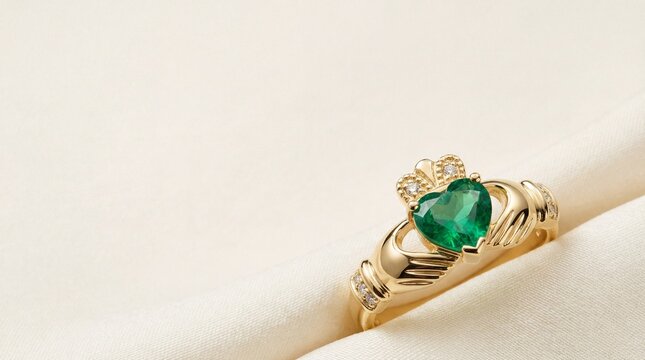 Claddagh ring with green heart gemstone on elegant white fabric background