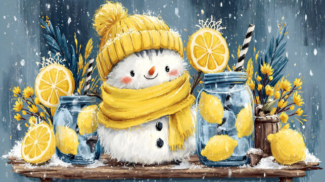 fuzzy snowman wearing a bright yellow hat and scarf smiles beside jars of icy lemonade, blending winter coziness with zesty summer refreshment in a charming, snowy illustration