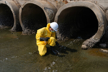 Environmental engineers, wearing yellow chemical protective suits and helmets, are collecting water samples from sewers to check for pollution and environmental quality.