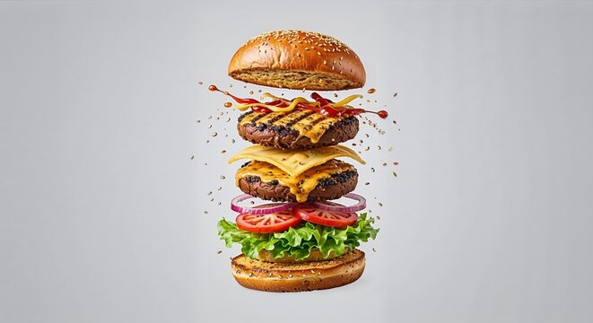 Deconstructed floating cheeseburger with fresh ingredients on white background 🍔