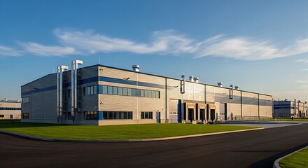 Obraz premium Modern industrial building exterior with loading docks against a blue sky