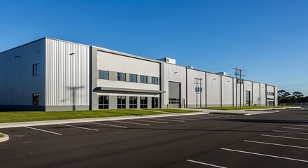 Obraz premium Modern industrial building exterior with parking area under clear blue sky