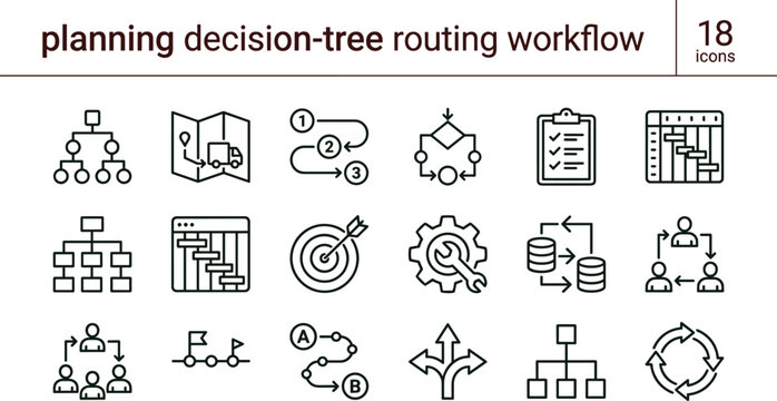 Planning decision tree routing workflow outline icon set strategy mapping sequencing optimization analytics interface vector collection toolkit