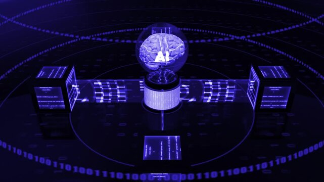 Blue color glowing 3d AI brain cyber with server racks data flow traffic on servers processing multitasking and programming codes loopable black technology background 