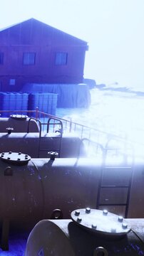 Storage tanks are positioned next to the water in a coastal area. A building stands in the background as waves gently reach the shore. The scene captures an industrial setting by the sea.