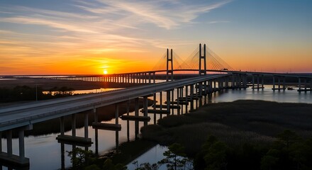 Obraz premium Dramatic sunset over a long bridge spanning a body of water