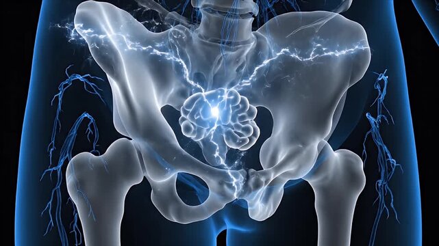 Close Up Of A 3D Render Of The Human Pelvis Bones And Reproductive Organs With Blue Glowing Energy And Lightning Effects On A Black Background