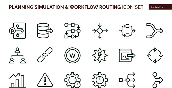 Planning simulation workflow routing outline icon set process automation mapping optimization analytics interface vector collection toolkit