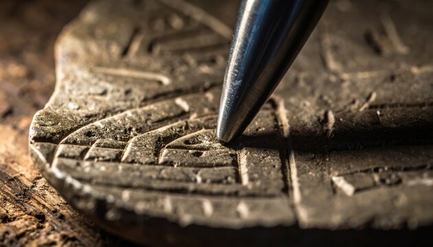 Close-up view of a metal stylus point precisely tracing cuneiform marks onto a moist clay tablet, capturing the ancient art of Mesopotamian writing