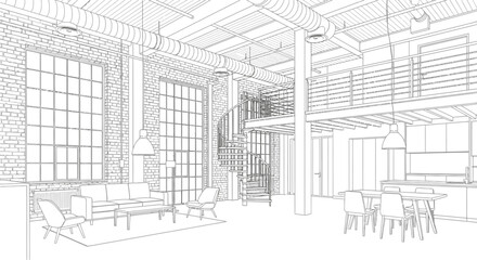 Architectural line drawing of modern industrial loft interior © abi