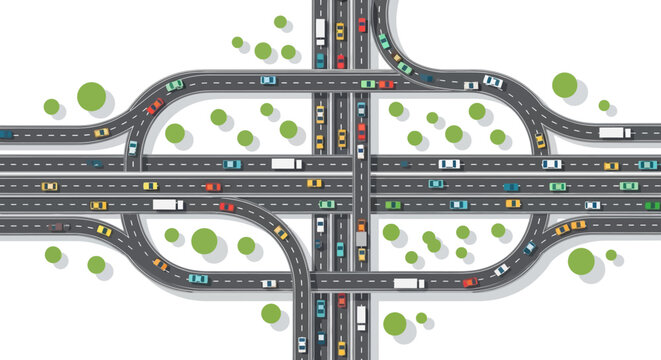 Busy highway interchange with traffic congestion, complex road network, urban transportation concept