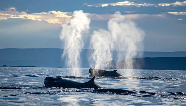 A pod of sperm whales surfacing to breathe, exhaling mist against a cloudy sky over the ocean.
