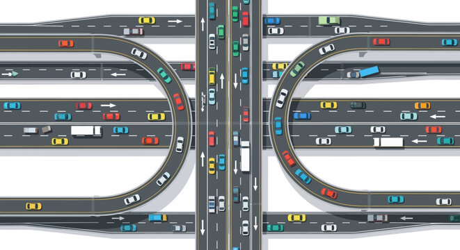 Busy highway interchange with traffic jam, aerial view