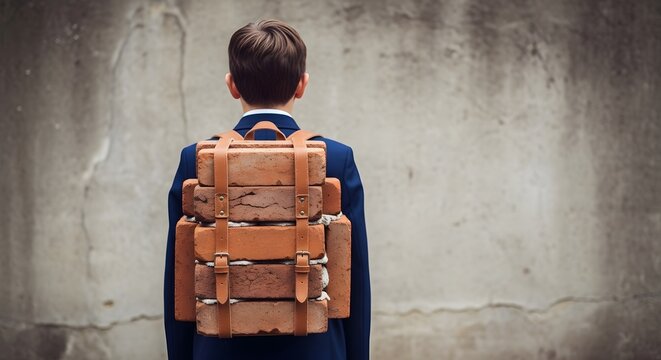 Young boy from behind wearing a heavy backpack made of bricks against a concrete wall, symbolizing burden or educational weight.