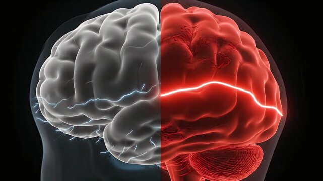Close up of a brain showing electrical activity and neural pathways in red and grey hemispheres on a dark background