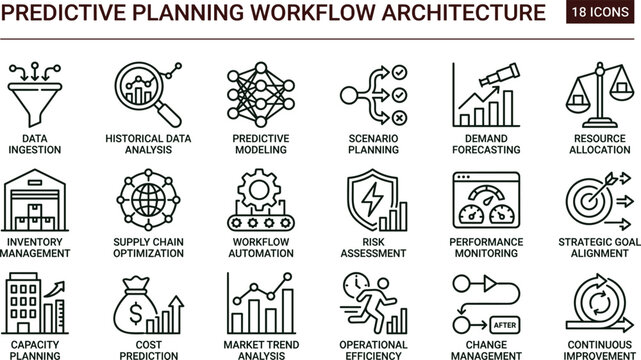 Predictive planning workflow architecture outline icon set forecasting analytics scenario modeling optimization strategy management interface vector collection toolkit