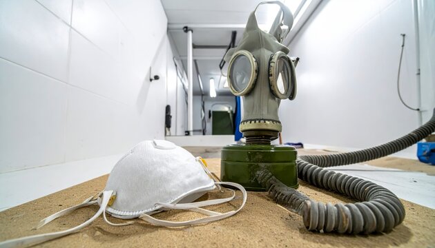 Gas mask and respirator filters beside a decontamination shower unit, emphasizing safety and protection.