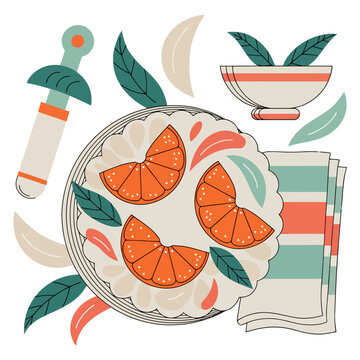 Plate of orange slices and rice or cream dessert with decorative leaves and sword utensil for serving a sweet dish.