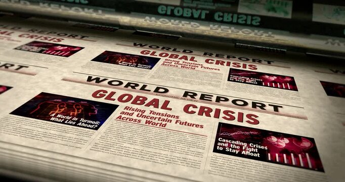Global crisis breaking news vintage print machine. Energy and fossil fuel economy title headline newspaper printing house. Information paper media looped animation.