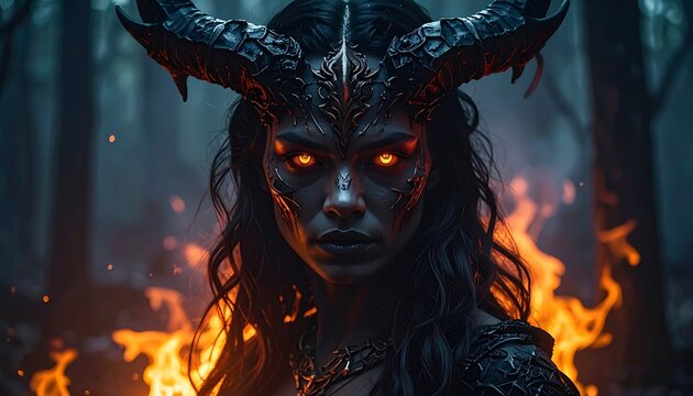 A dark fantasy female figure with horns and glowing eyes