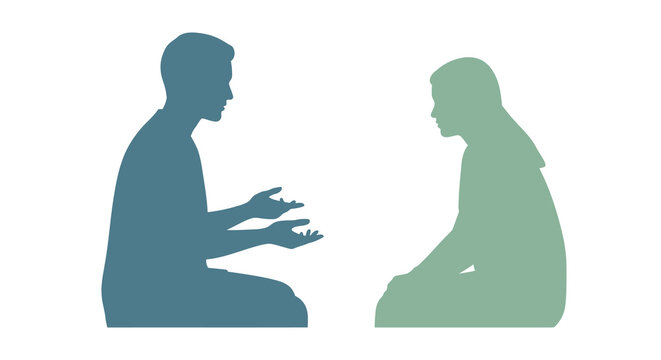 Illustration of two people in empathetic discussion. Shows active listening, mutual understanding. Symbolizes thoughtful communication, support, and genuine connection