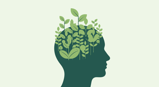 Mindful green thinking concept illustrating a human head filled with lush plant growth, symbolizing personal development, environmental awareness, and a sustainable future