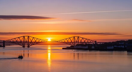 Fototapeta premium Dramatic sunset over bridge and water with orange hues and silhouette
