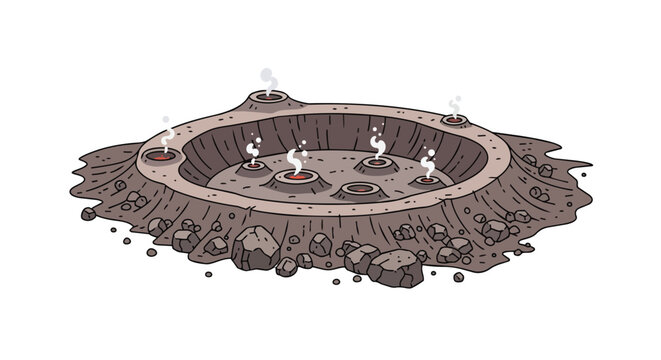 Hand Drawn Volcanic Crater Illustration with Steaming Vents and Magma Isolated on White Background