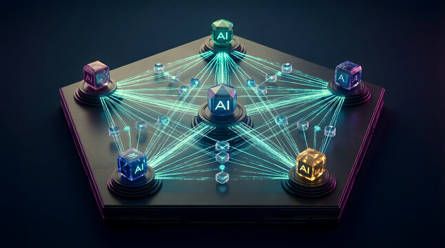 Multi-Agent AI Communication Wide Isometric 3D Visualization with Five Agent Cores in Pentagonal Mesh for Enterprise Collaboration Technology