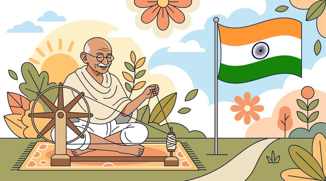 Gandhi Jayanti Portrait Mahatma Gandhi Charkha Tricolor Vector Illustration