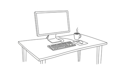 Fototapeta premium Hand-drawn sketch of a computer desk setup with monitor, keyboard, mouse, and coffee cup