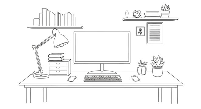Minimalist desk setup with computer, lamp, books, plants, and clock. Line art illustration.
