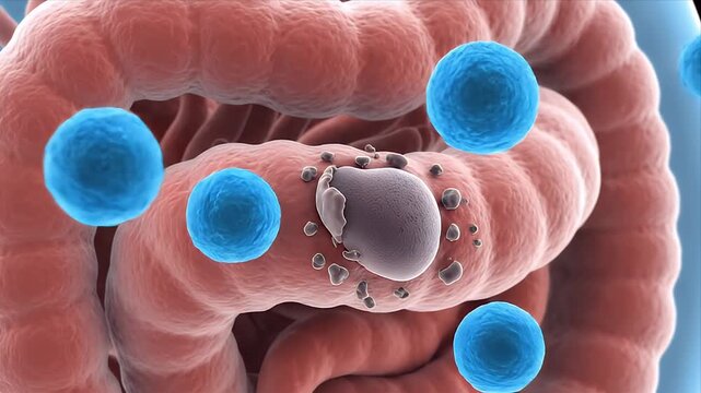 Close up of the large intestine wall with a polyp and blue particles representing bacteria or medication CGI animation for medical education and research purposes