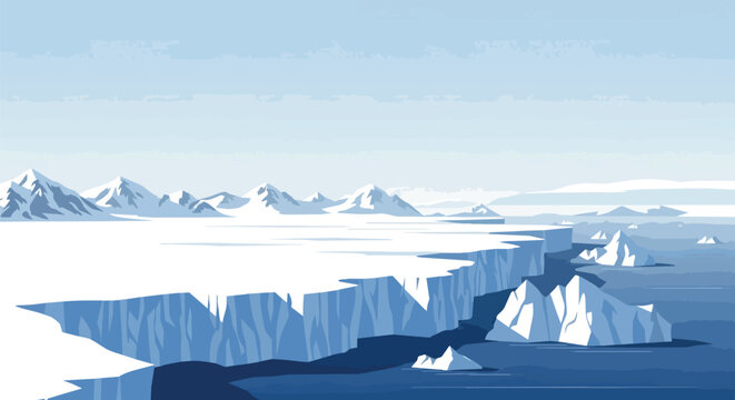 Arctic Ice Shelf Landscape Vector with Glaciers Mountains and Floating Icebergs in Polar Ocean