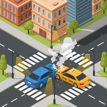Car crash at intersection: blue car and yellow taxi collide, smoke and debris