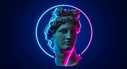 Obraz premium Neon illuminated sculpture head against dark blue background digital art