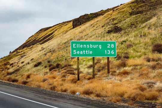 Mileage sign on Interstate 90, WA USA