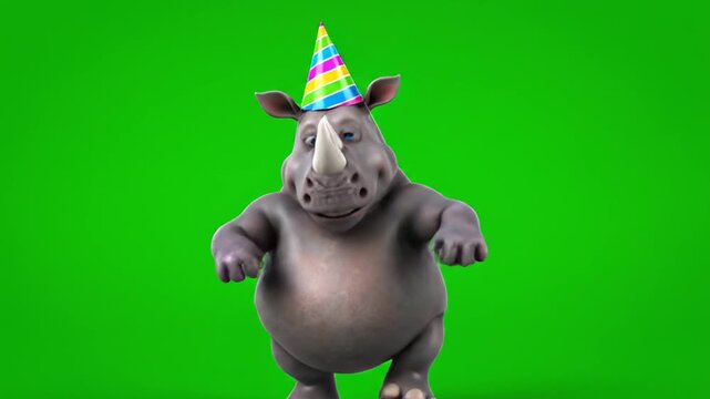 Rhino wearing party hat poses.
