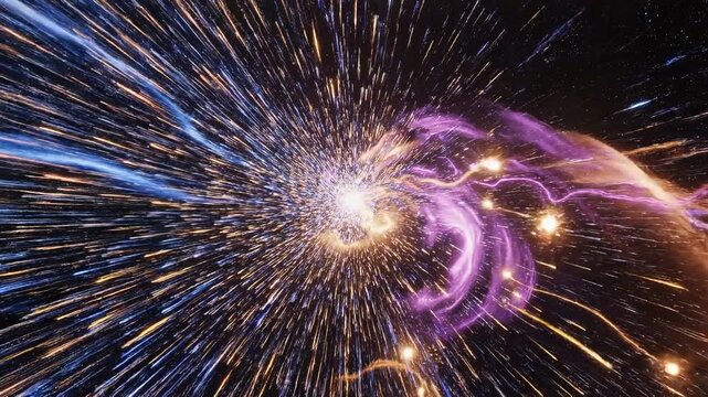Cinematic footage of vibrant cosmic particles exploding in space 4k video